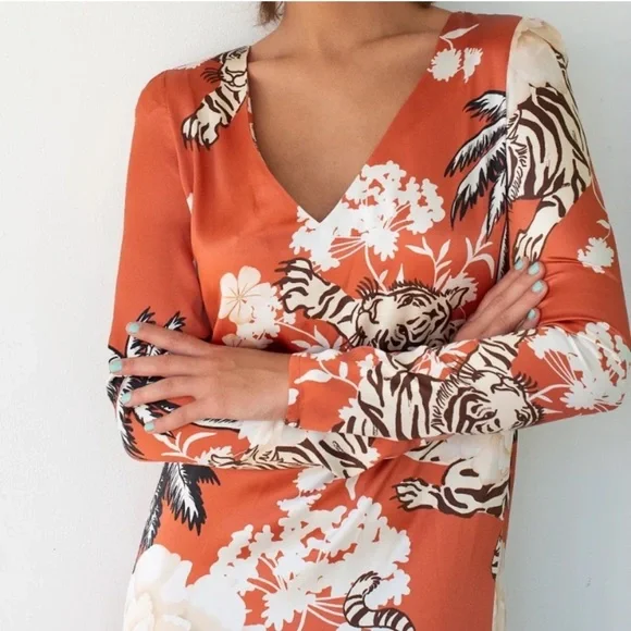 NWT Las Sureñas Tiger Romantic Silk Maxi Dress Size Medium - Picture 3 of 15